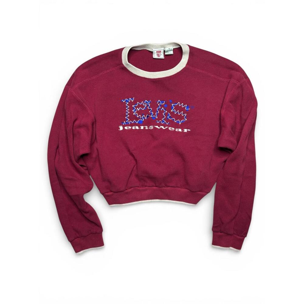 Vintage 1990's Red Levi's Jeanswear Blue Embroidered Long Sleeve Sweater Medium